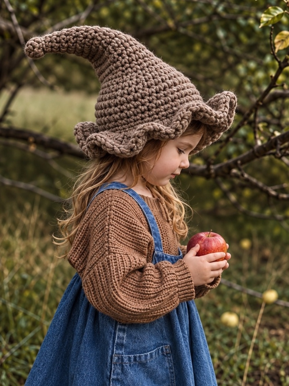 Handmade Crochet Child Pixie Witch Hat Brown Woodland Fairy Gnome Cap